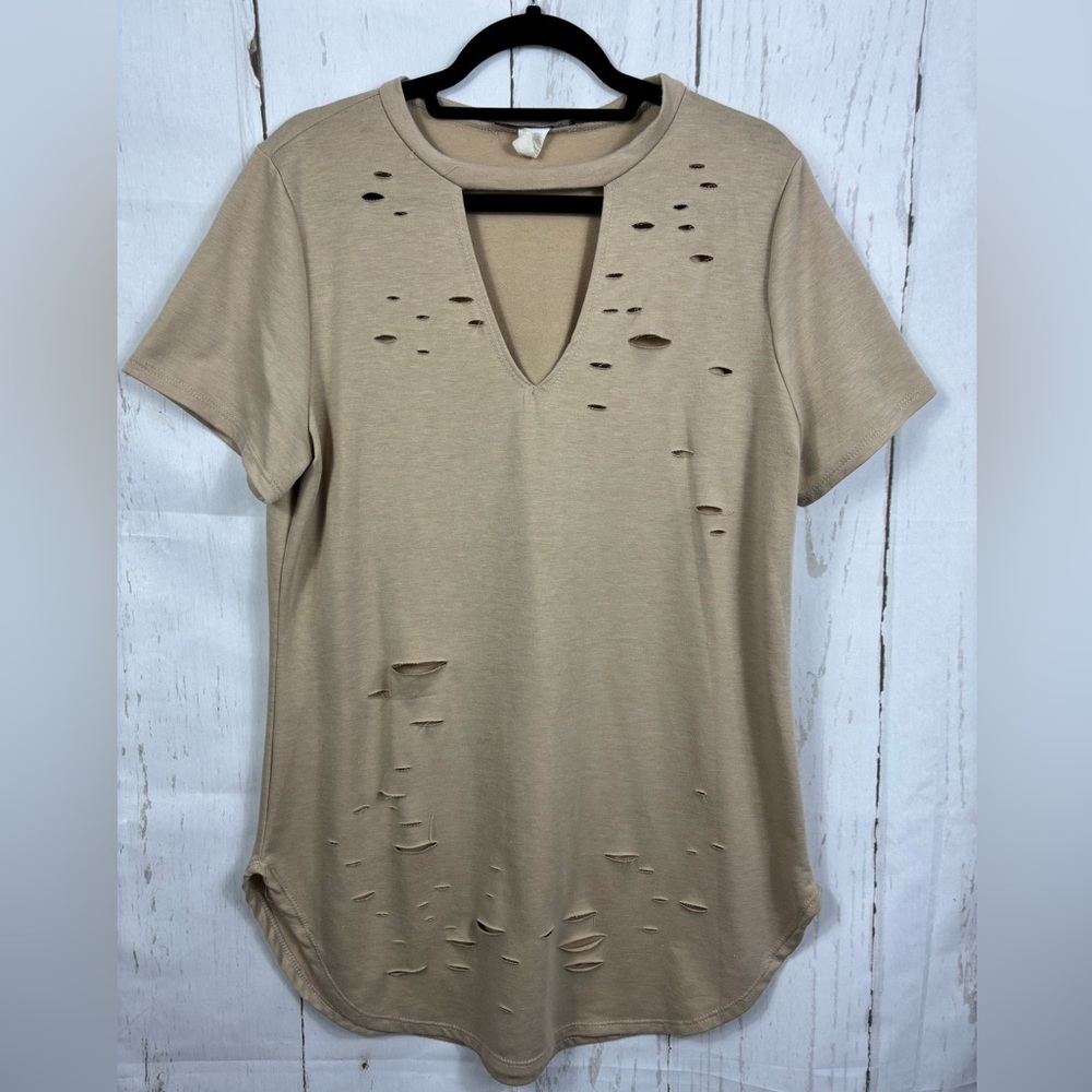 Distress Rip Tunic Top Beige Tan